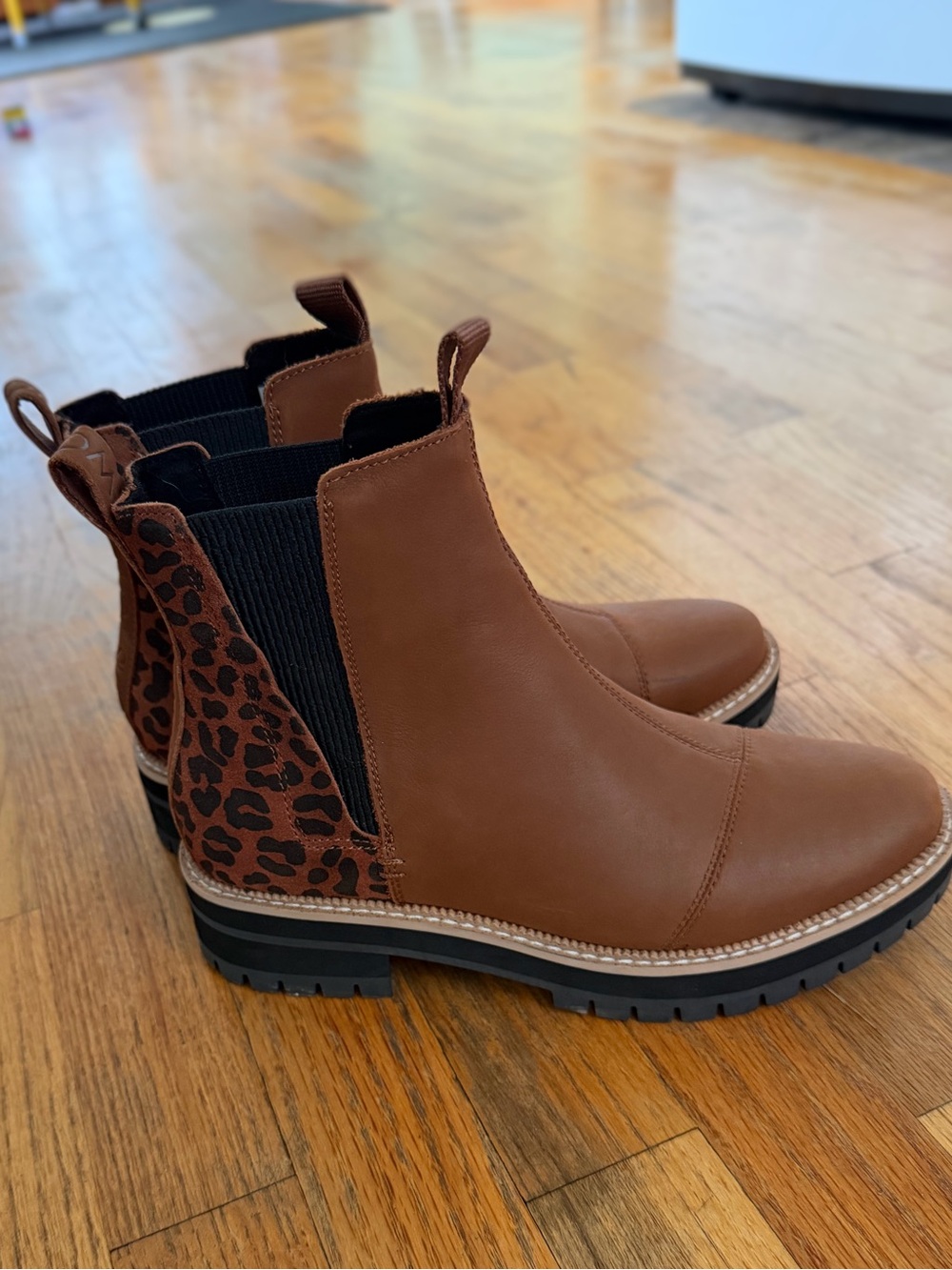 Toms Brown Chelsea Boots with Leopard Heel Accent
